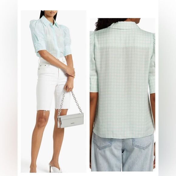 Alice + Olivia NWT Willa Houndstooth Puff Sleeve Silk Top in Julep Size L - Picture 1 of 11